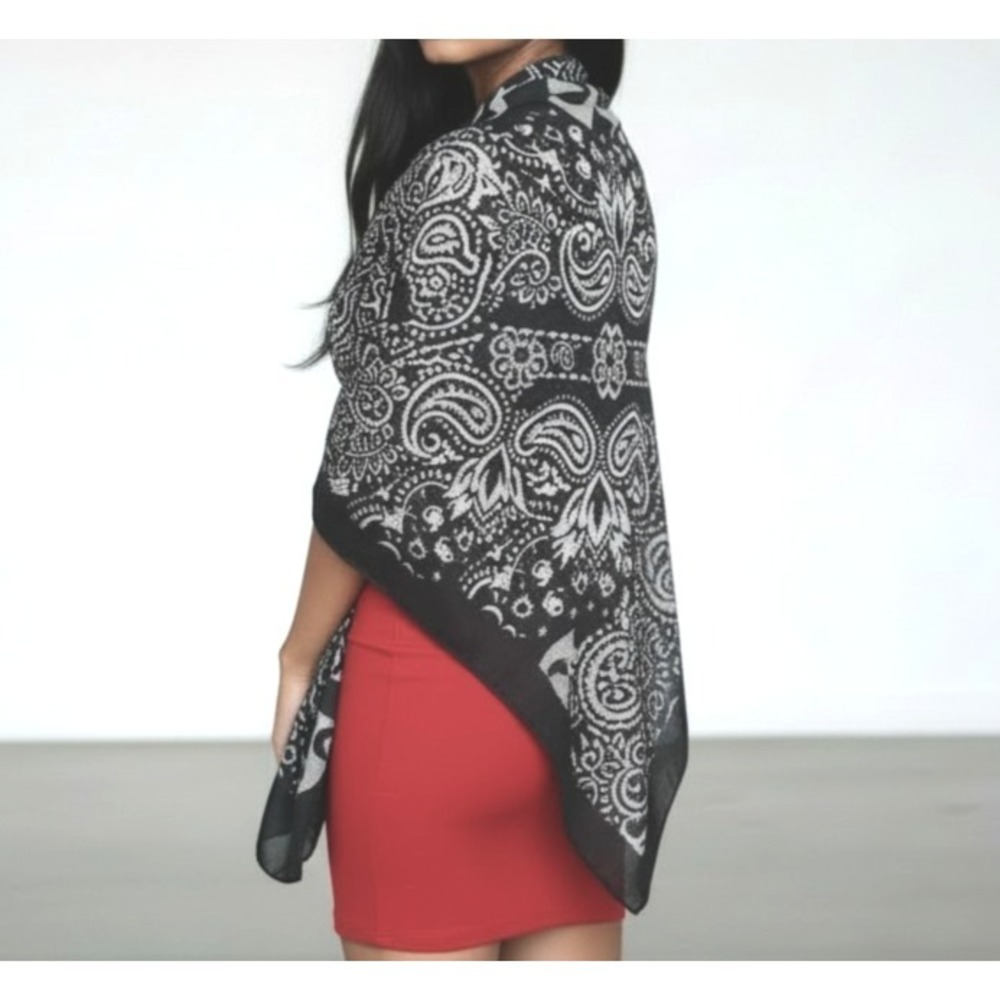 46” x 46” Huge Square Wrap Scarf Black Gray White Paisley Dark Boho Indie Sleaze
